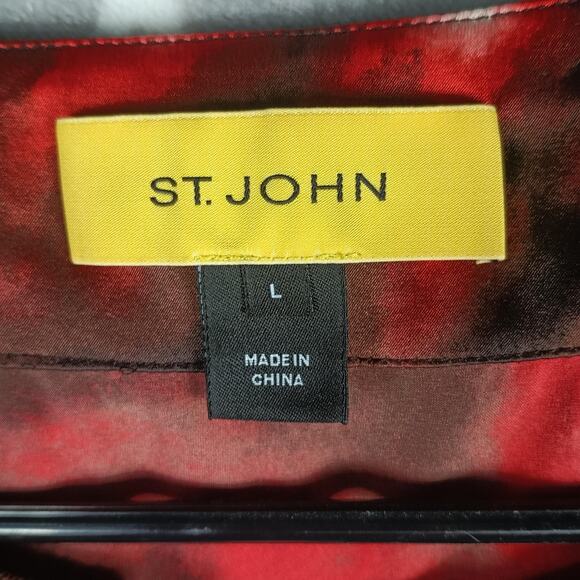 St. John Blouse Womens Large Red Brown Silk Stretch Beaded Jeweled Split Neck - Picture 4 of 12